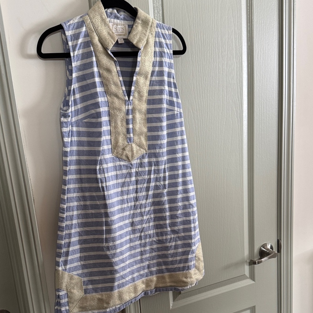 Sail to Sable Blue and White Striped Dress with Gold Trim size Medium